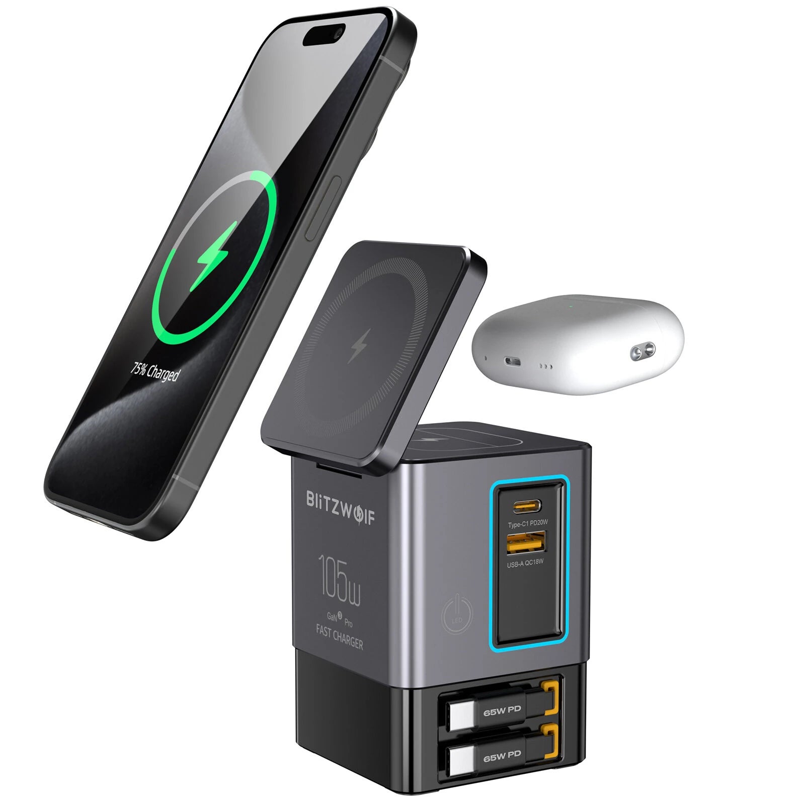 BlitzWolf® BW-i116 Max 105W 6-in-1 GaN Desktop Charger Station with Dual Telescopic Cables & Wireless Charging - Buyme24seven