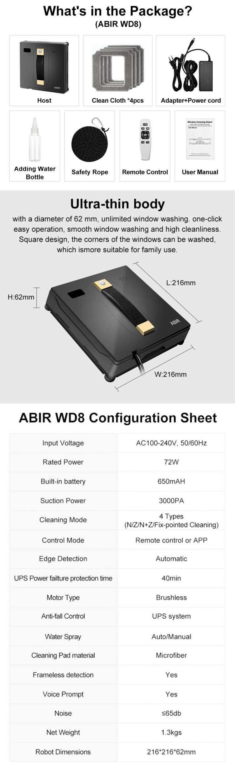 Robot Window cleaner ABIR WD8,Dual Water Spray,Smart Memory,High Vacuum Suction, Laser Sensor, Home Wall Glass Cleaning Robot - Buyme24seven