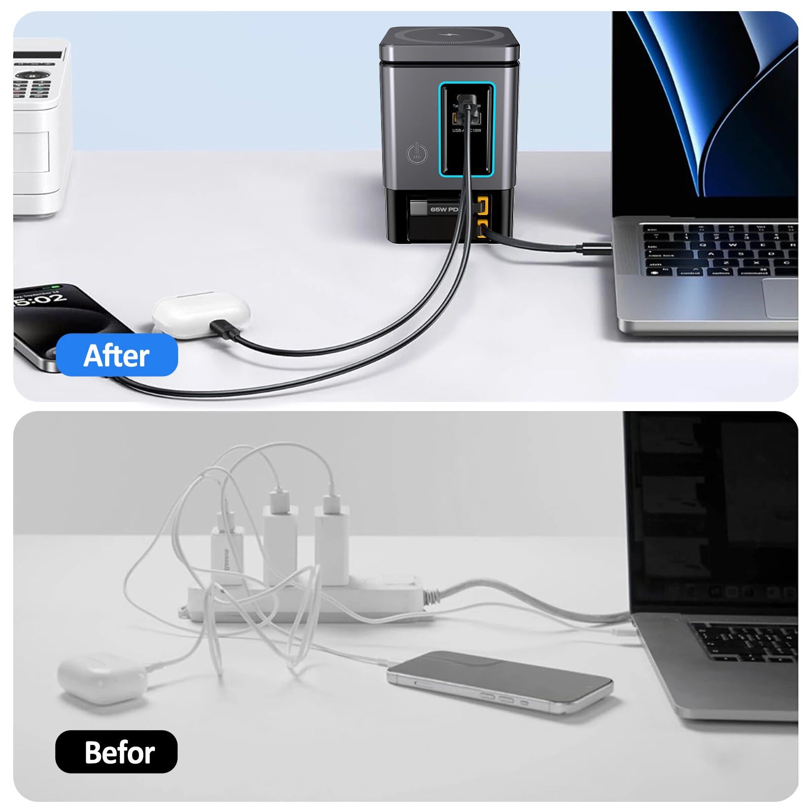 BlitzWolf® BW-i116 Max 105W 6-in-1 GaN Desktop Charger Station with Dual Telescopic Cables & Wireless Charging - Buyme24seven