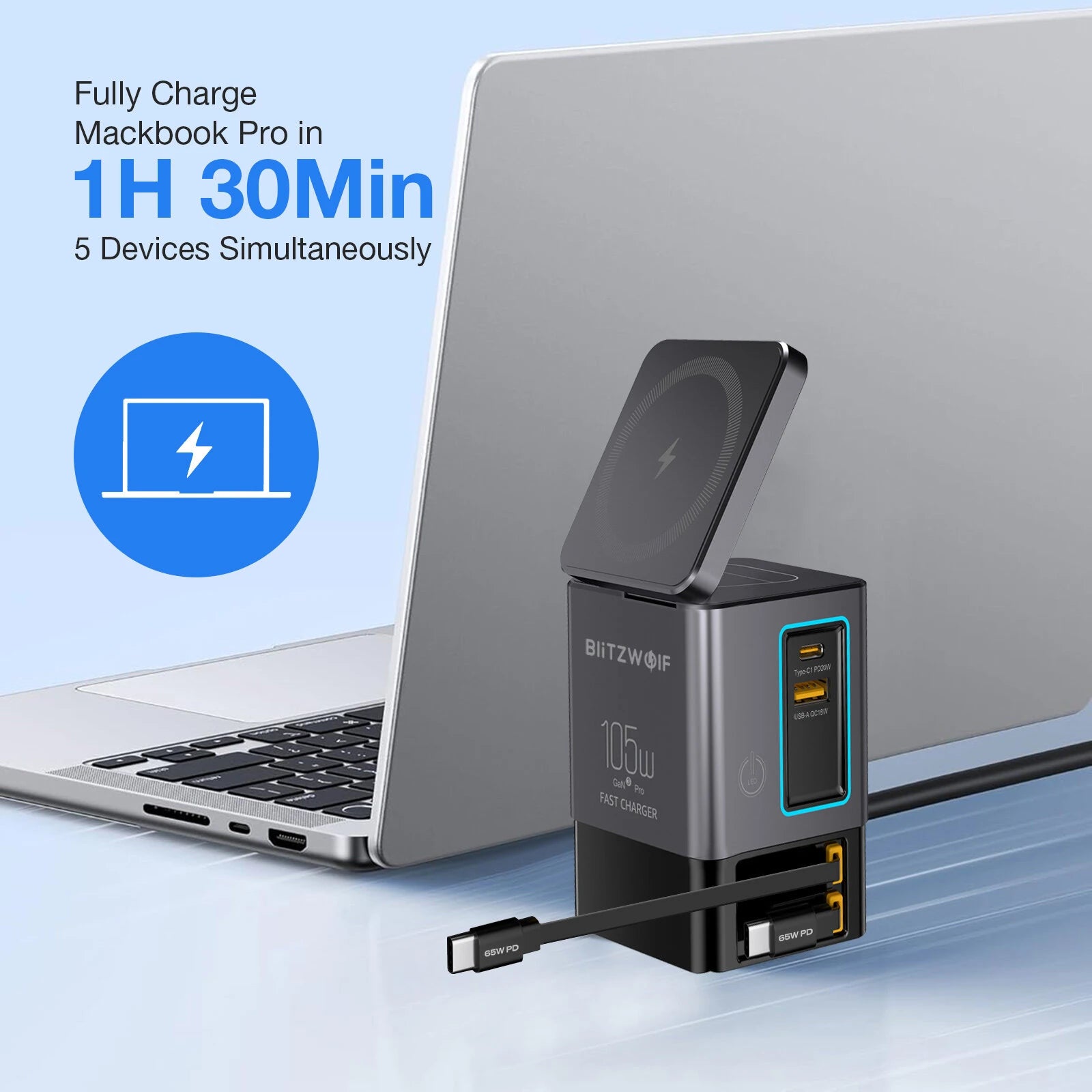 BlitzWolf® BW-i116 Max 105W 6-in-1 GaN Desktop Charger Station with Dual Telescopic Cables & Wireless Charging - Buyme24seven