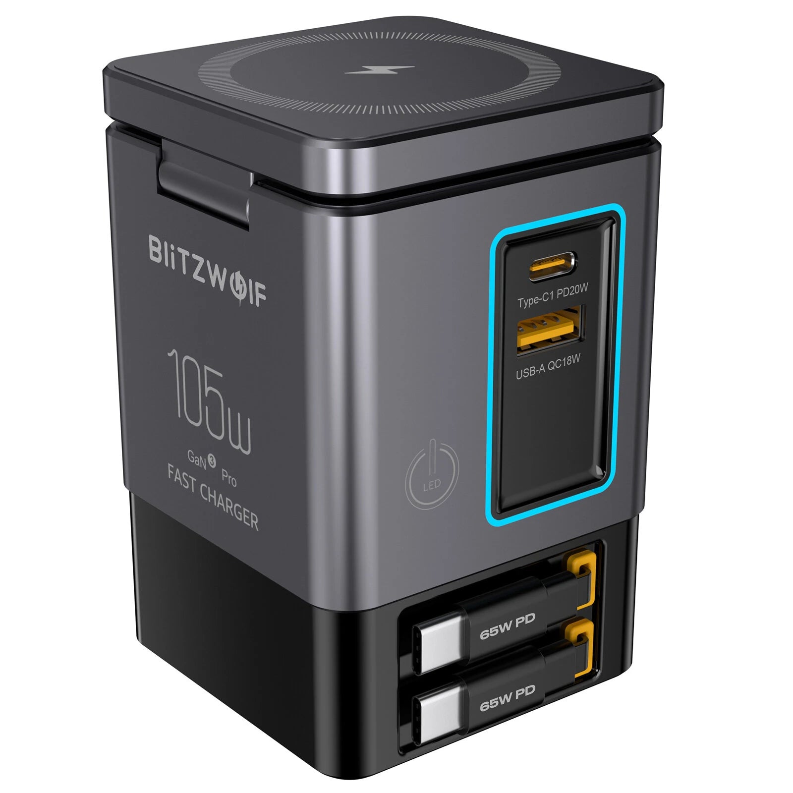 BlitzWolf® BW-i116 Max 105W 6-in-1 GaN Desktop Charger Station with Dual Telescopic Cables & Wireless Charging - Buyme24seven