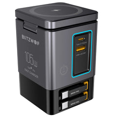 BlitzWolf® BW-i116 Max 105W 6-in-1 GaN Desktop Charger Station with Dual Telescopic Cables & Wireless Charging - Buyme24seven