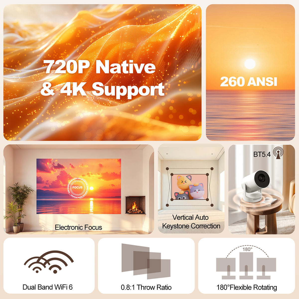 Magcubic 4K HY300 UItra Portable Projector with Electronic Focus 720P 260ANSI Speaker Android11 BT5.4 180° flexible Home Outdoor - Buyme24seven