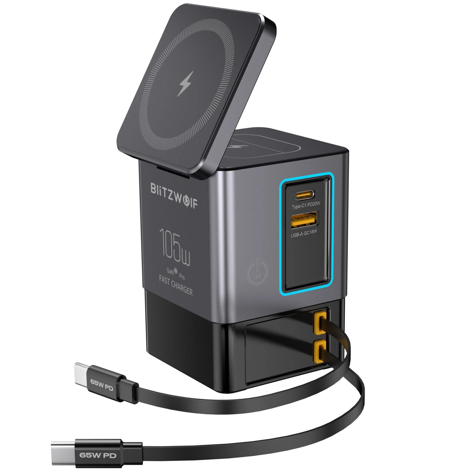 BlitzWolf® BW-i116 Max 105W 6-in-1 GaN Desktop Charger Station with Dual Telescopic Cables & Wireless Charging - Buyme24seven