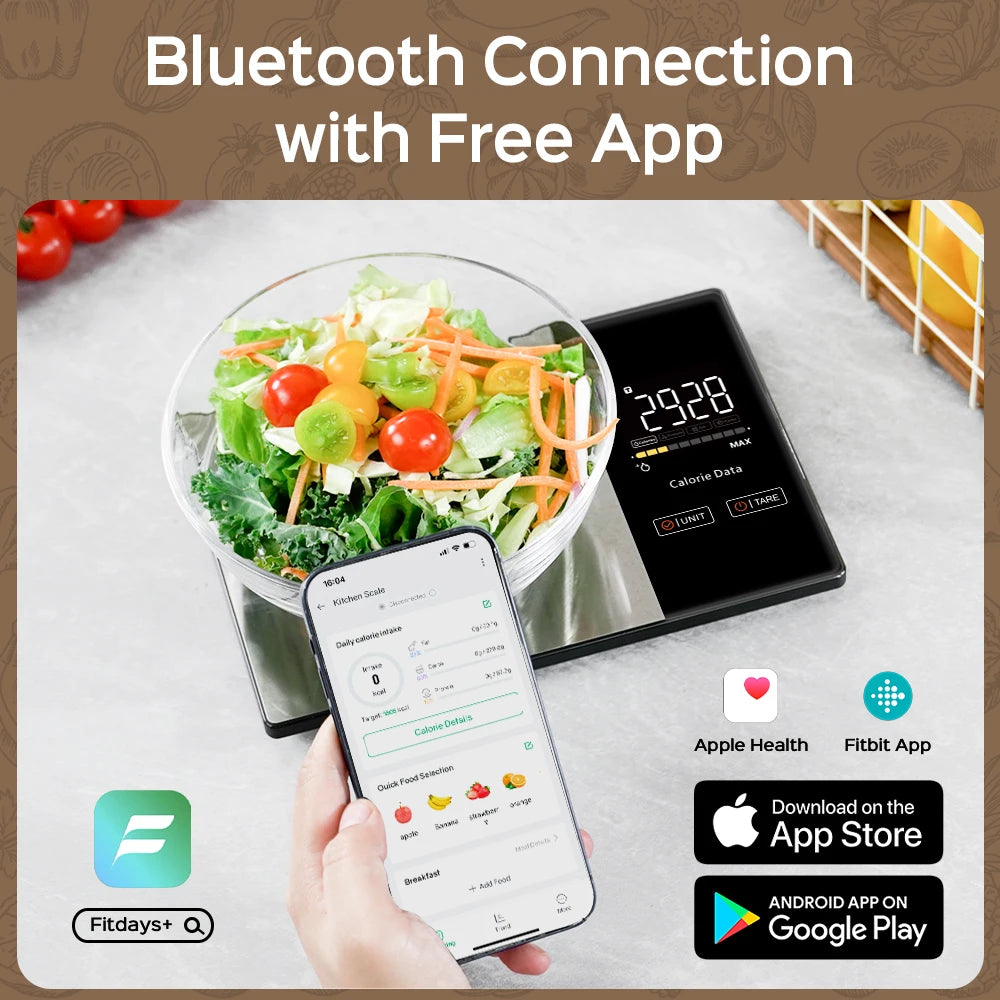 5kg Kitchen Food Scale, Smart Food Calorie Scale Kitchen Cooking Baking Scales, Stainless Steel Nutrition Scale with Free App - Buyme24seven