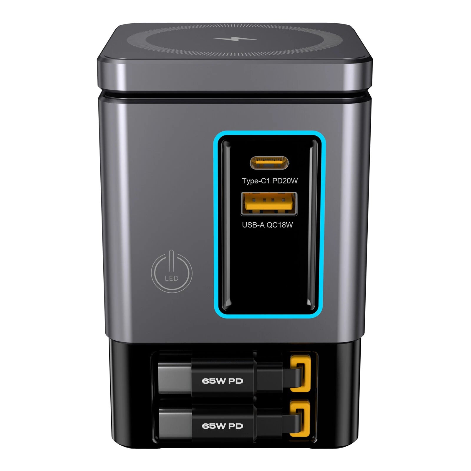 BlitzWolf® BW-i116 Max 105W 6-in-1 GaN Desktop Charger Station with Dual Telescopic Cables & Wireless Charging - Buyme24seven