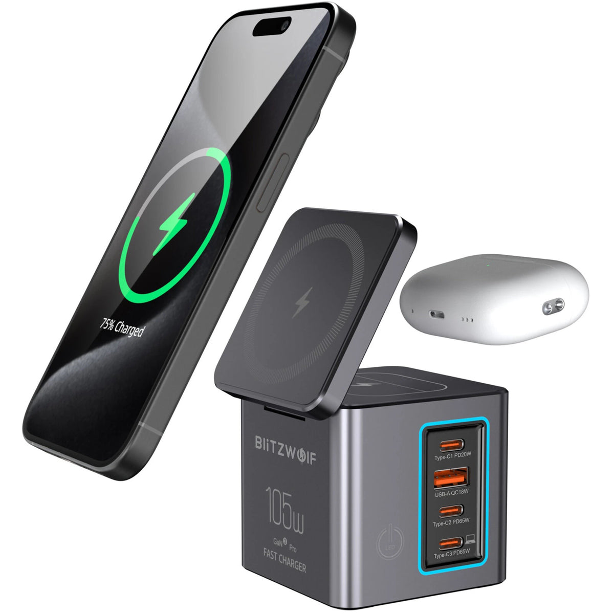 BlitzWolf® BW-i113 105W 6-in-1 GaN Desktop Charging Station with Wireless Charge - Buyme24seven