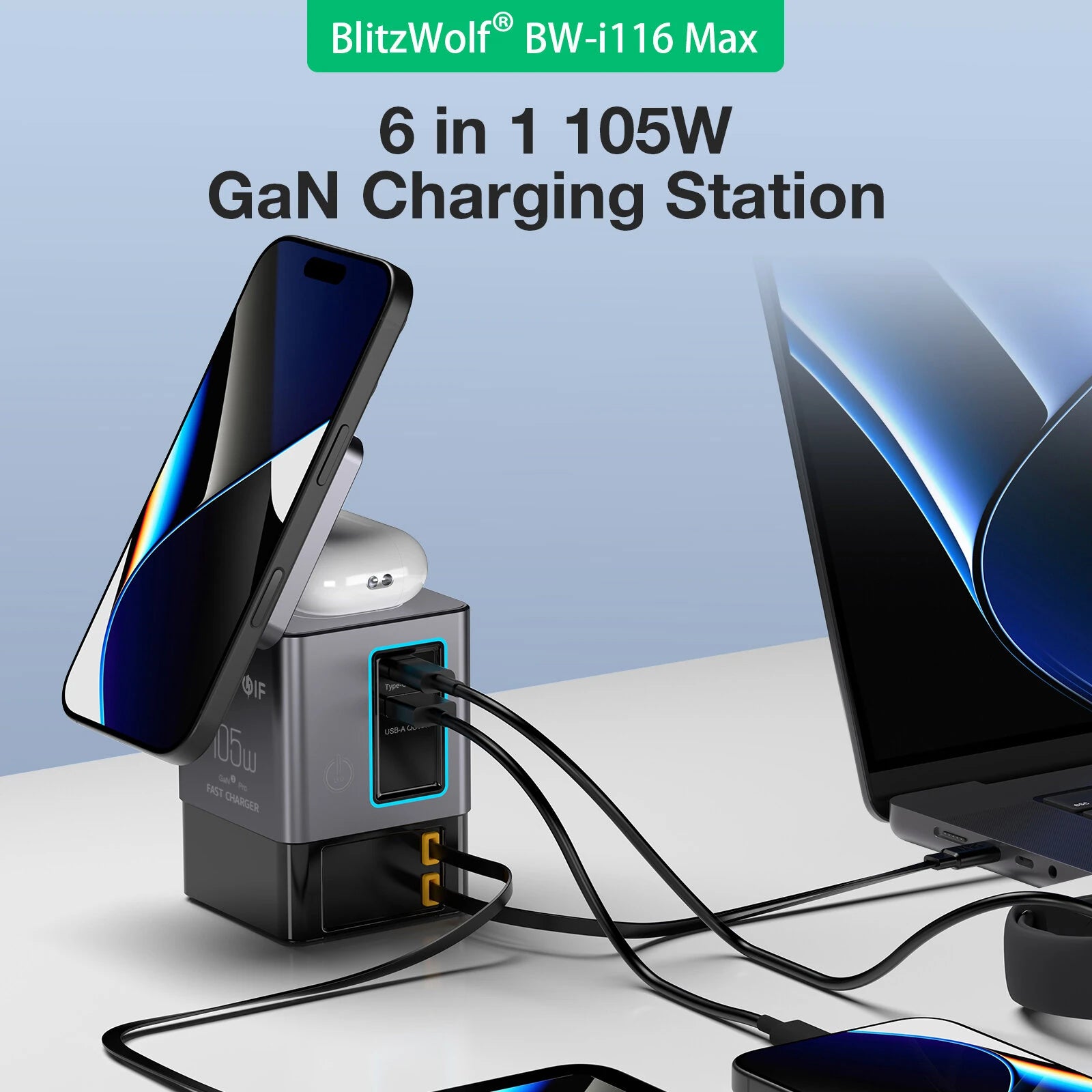 BlitzWolf® BW-i116 Max 105W 6-in-1 GaN Desktop Charger Station with Dual Telescopic Cables & Wireless Charging - Buyme24seven